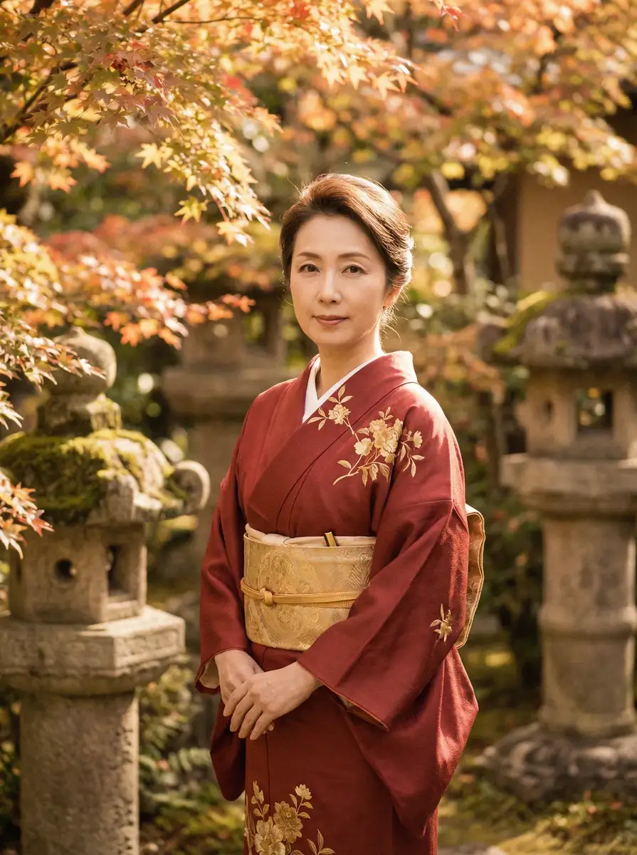 一位身穿暗红色和服的优雅 桃乃木香奈 在日式庭院中
